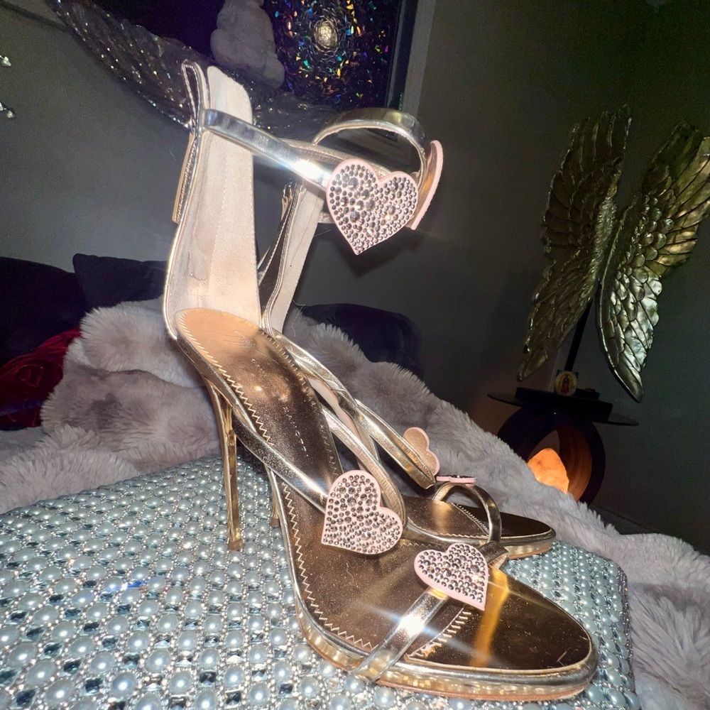 Giuseppe Zanotti Rose Gold Harmony Love Sandals Swarovski Hearts, 38.5/8 - Picture 15 of 17